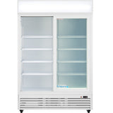 A commercial Empura refrigeration glass-door refrigerated merchandiser with a white frame, sliding glass doors, and multiple adjustable shelves. The left transparent door reveals four empty shelves; the right frosted side shows three. Empura logo at the bottom.