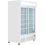 A large Empura refrigeration merchandiser with two glass sliding doors, multiple adjustable shelves, LED interior lighting, caster wheels, and a top lit display panel for signage—ideal for showcasing products.