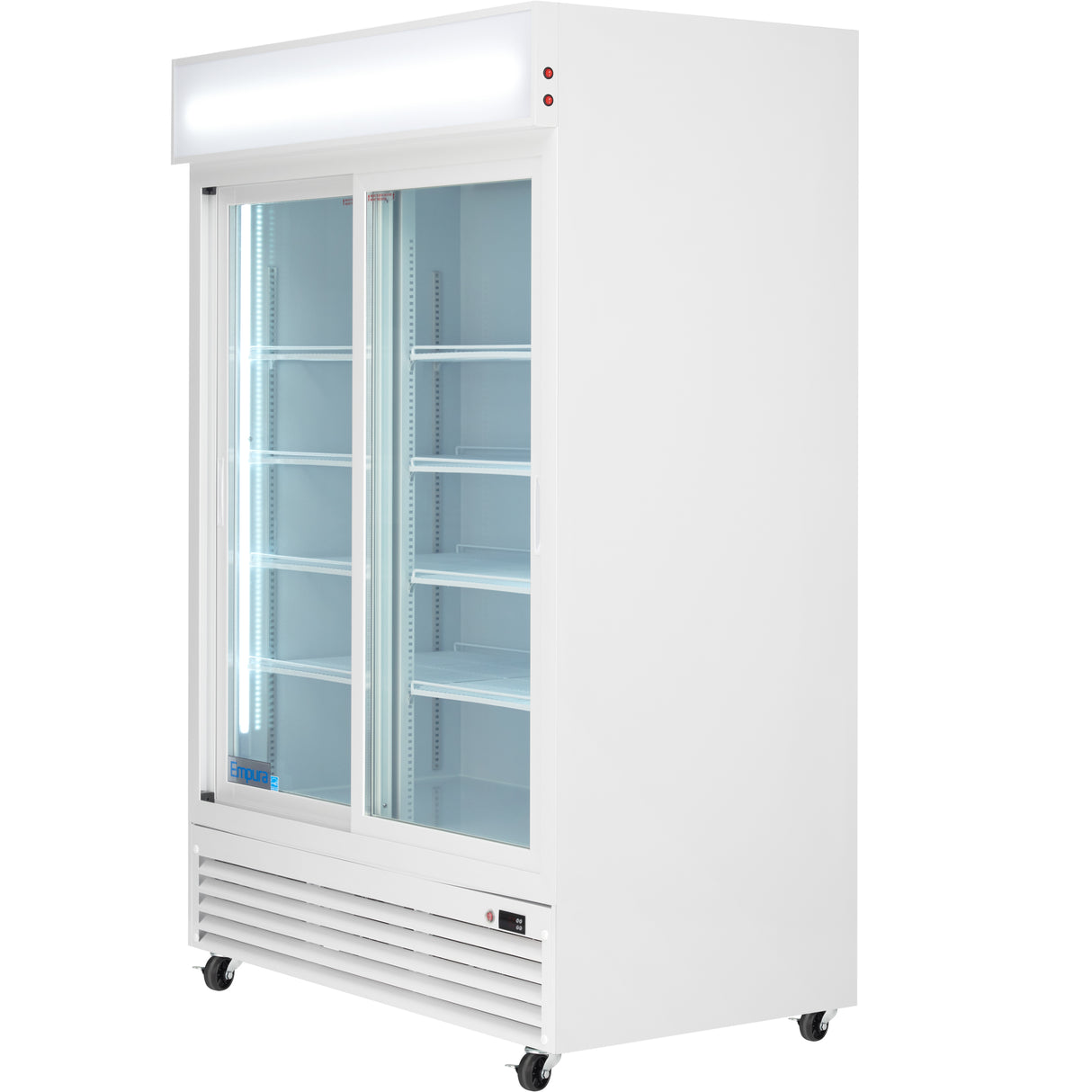 A large, white Empura refrigeration merchandiser with glass sliding doors, adjustable shelves, interior LED lighting, and wheels. Features a ventilation panel at the base and a blank lighted display panel up top.