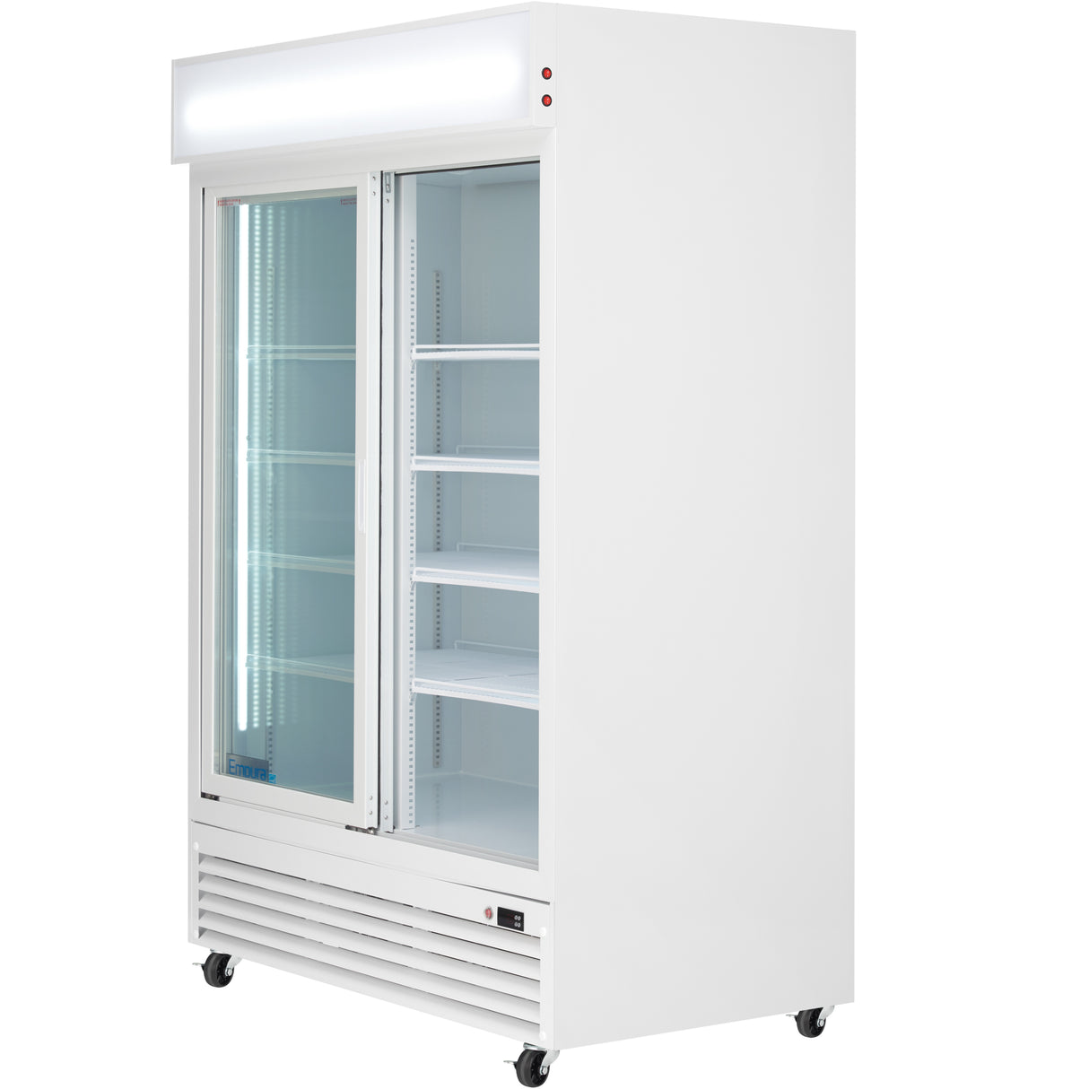 A large Empura refrigeration commercial refrigerator with two clear glass sliding doors, interior shelves for storage, a lit display panel on top, ventilation grilles at the base, and caster wheels for mobility. The refrigerated merchandiser is empty and well-lit inside.