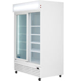 A large Empura refrigeration commercial refrigerator with two clear glass sliding doors, interior shelves for storage, a lit display panel on top, ventilation grilles at the base, and caster wheels for mobility. The refrigerated merchandiser is empty and well-lit inside.