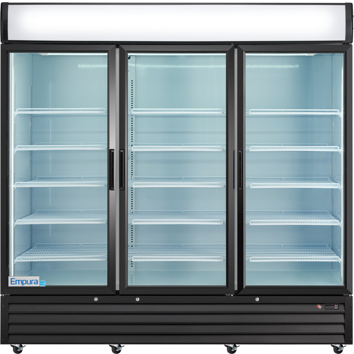 A large, commercial display cooler with three glass doors and multiple empty white shelves. The black frame and bright, cool lighting highlight the spacious interior. A small Empura logo is visible in the lower left corner of this refrigerated merchandiser.