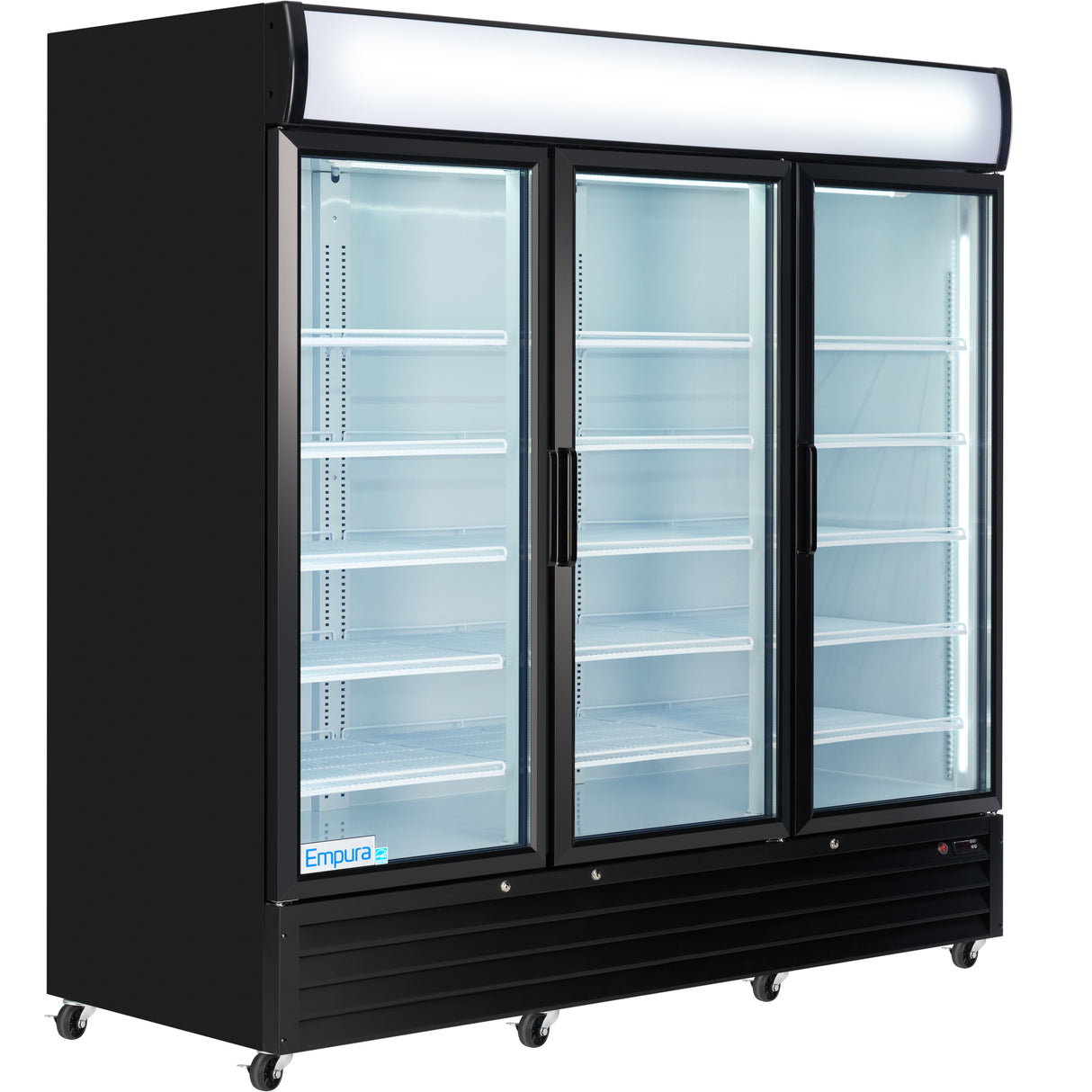 A large, black refrigerated merchandiser with three glass doors, interior shelves, and bright lighting. The unit sits on wheels, is empty, and features a white illuminated sign panel on top with an Empura logo on the lower front.