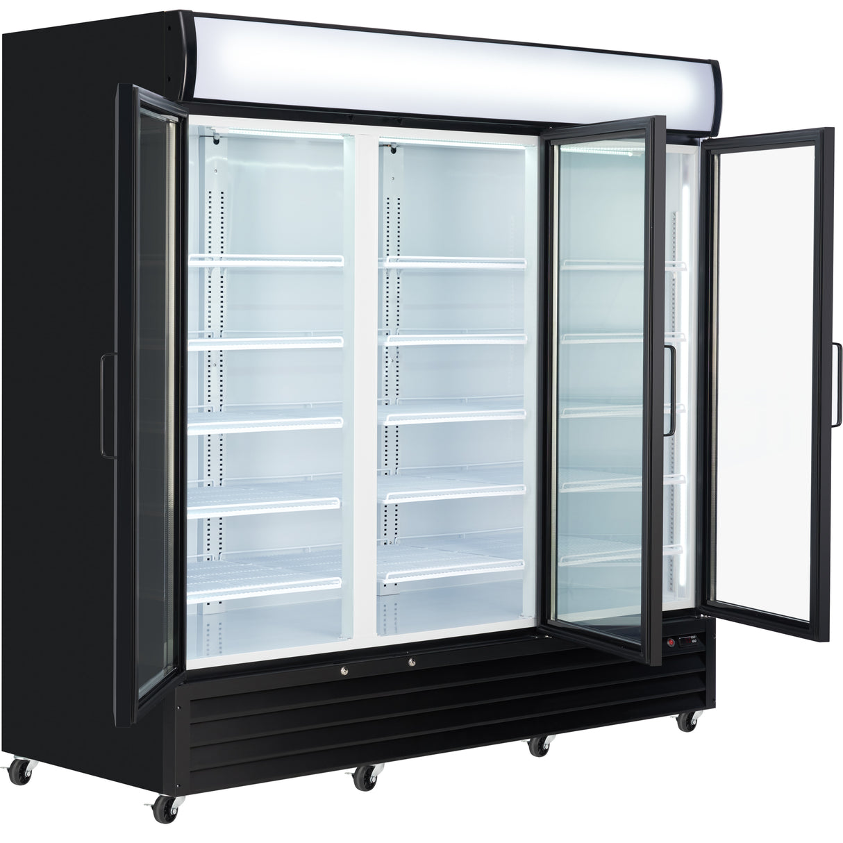 A large, black refrigerated merchandiser on wheels with three open glass doors. The fridge interior is brightly lit, featuring empty white shelves with adjustable brackets. A blank illuminated panel on top is ready for your signage.