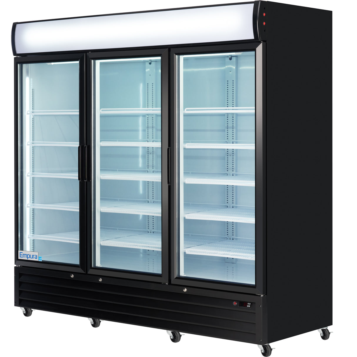 A large, commercial glass-door refrigerated merchandiser with three sections and empty white shelves. The black unit features clear sliding doors, is mounted on wheels, and is interior-lit with the Empura brand logo visible on the lower left.