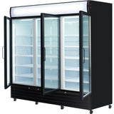 A large, black refrigerated merchandiser with three glass doors, all open to reveal empty, white shelves inside. The unit is on wheels and features a lit sign panel at the top. Bright white lights illuminate the interior of this commercial refrigeration unit.