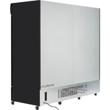 A large, rectangular commercial refrigeration unit with smooth silver doors and black sides stands on caster wheels. The lower front panel is vented and labeled “CYCLOPENTANE,” with a power cord trailing from the base.
