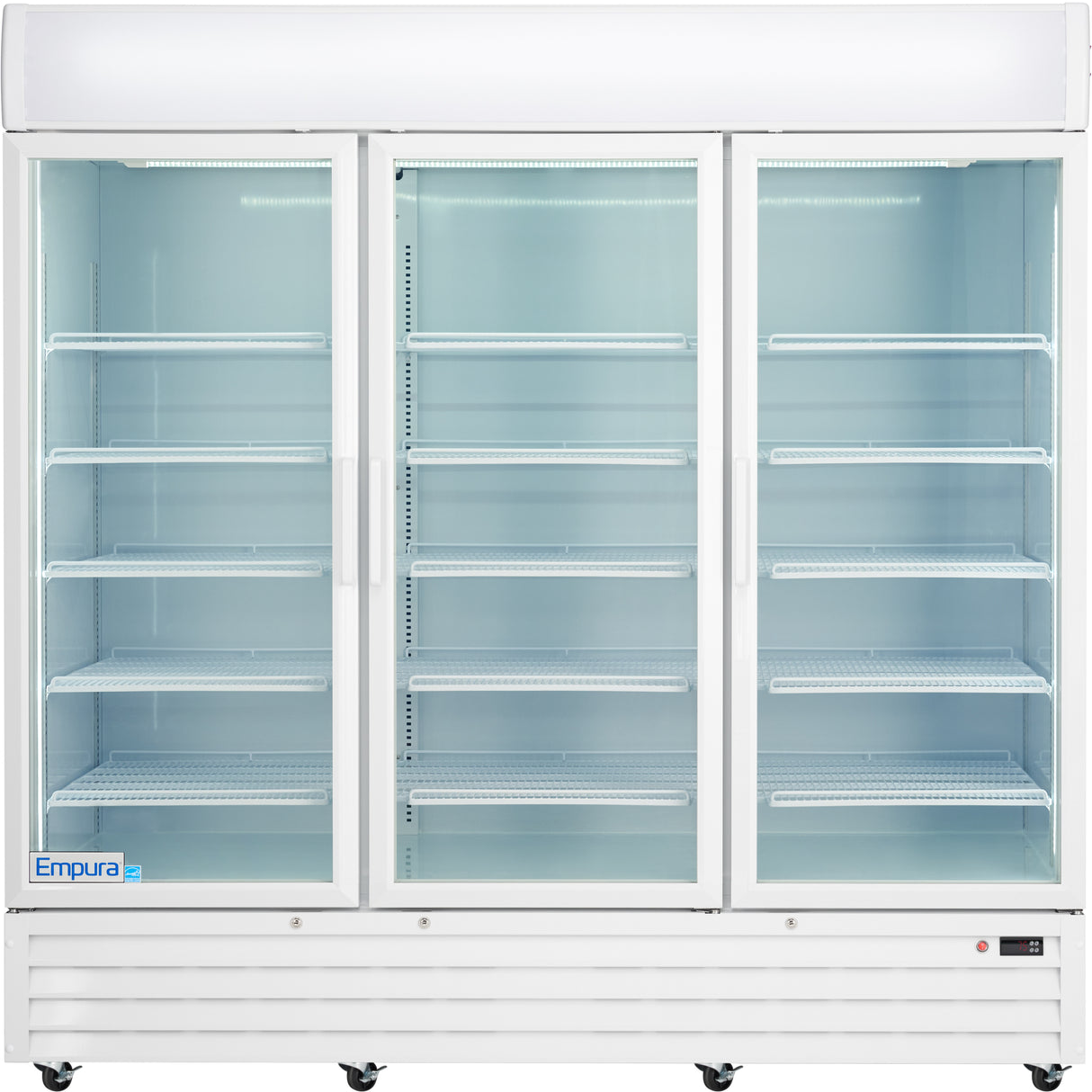 A large, commercial refrigerated merchandiser with three glass swing doors, white trim, and multiple adjustable wire shelves. The glass door cooler stands on wheels with a vented bottom panel and Empura branding on the lower left corner.