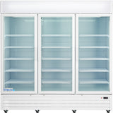 A large, commercial refrigerated merchandiser with three glass swing doors, white trim, and multiple adjustable wire shelves. The glass door cooler stands on wheels with a vented bottom panel and Empura branding on the lower left corner.