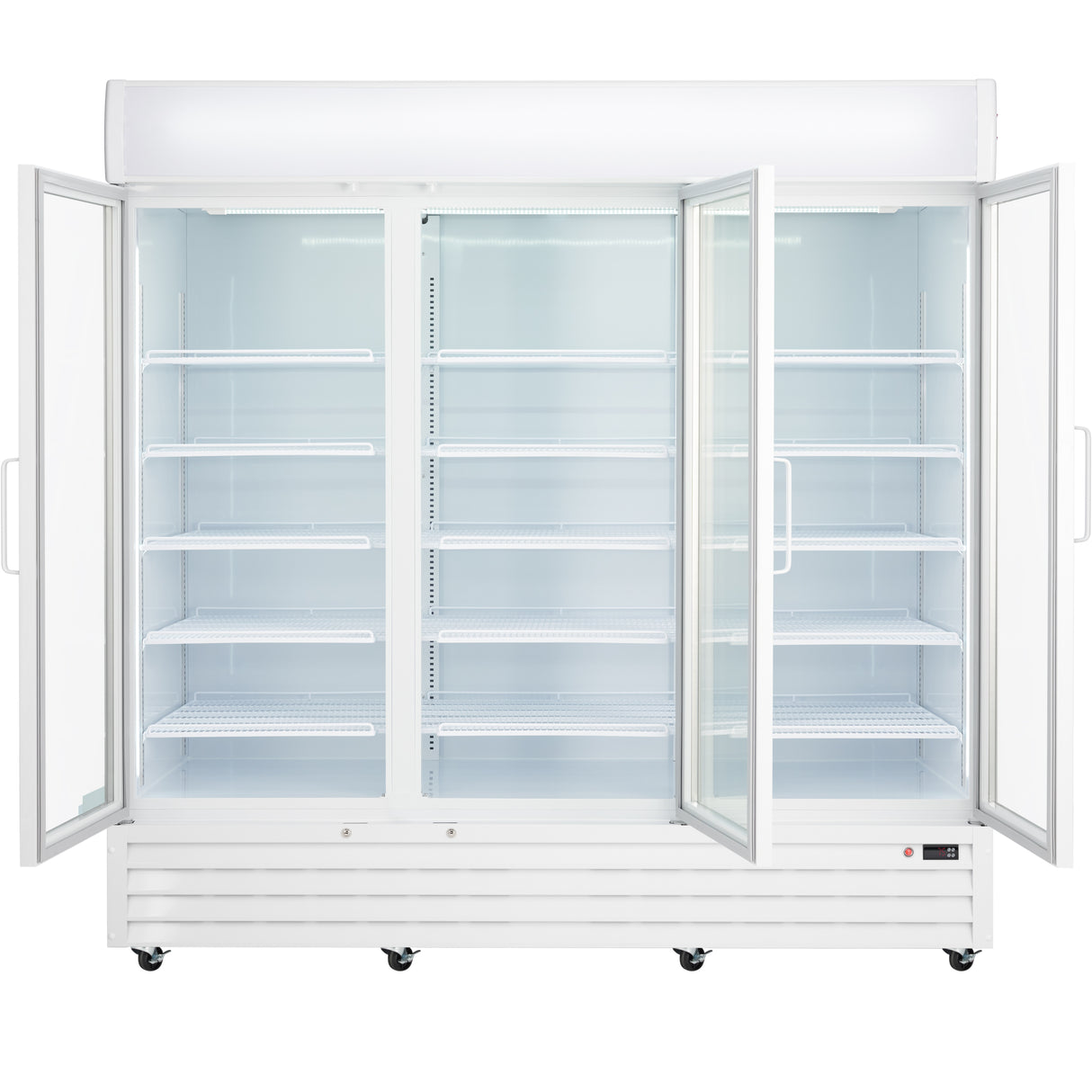 A large commercial refrigerator with three glass swing doors, all open, revealing multiple empty white wire shelves and bright lighting. This refrigerated merchandiser features a white exterior, wheels for mobility, and a control panel at the bottom right.
