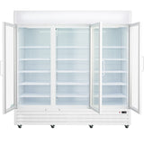 A large commercial refrigerator with three glass swing doors, all open, revealing multiple empty white wire shelves and bright lighting. This refrigerated merchandiser features a white exterior, wheels for mobility, and a control panel at the bottom right.
