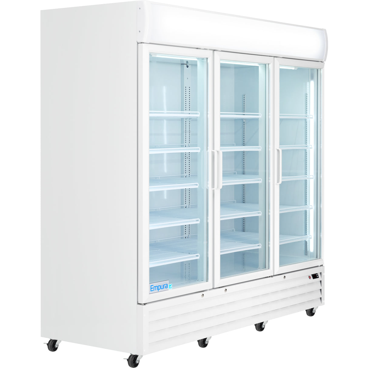 A large, white Glass Swing Door Cooler with three clear glass doors, each featuring vertical handles. The interior has adjustable shelves and bright LED lighting. This commercial refrigerator is on wheels and displays an Empura brand label near the bottom.