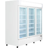A large, white Glass Swing Door Cooler with three clear glass doors, each featuring vertical handles. The interior has adjustable shelves and bright LED lighting. This commercial refrigerator is on wheels and displays an Empura brand label near the bottom.