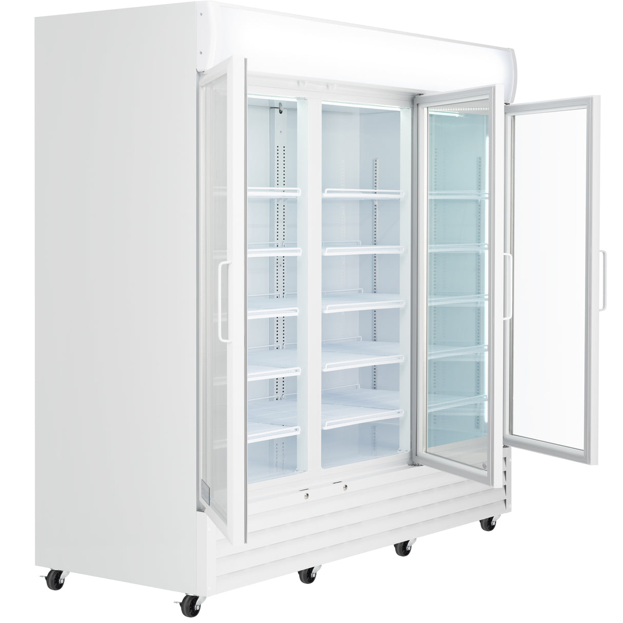 A large, commercial refrigerator with a white exterior features three vertical sections and two sliding glass doors—one open and one closed. This well-lit Refrigerated Merchandiser stands on wheels, showcasing empty shelves ready for display.