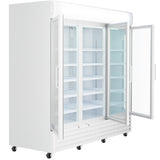 A large, commercial refrigerator with a white exterior features three vertical sections and two sliding glass doors—one open and one closed. This well-lit Refrigerated Merchandiser stands on wheels, showcasing empty shelves ready for display.