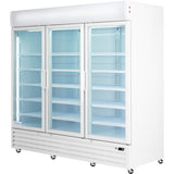 This Glass Swing Door Cooler is a large commercial refrigerator featuring three clear glass doors with white handles, adjustable shelves, and wheels. Its sleek white exterior includes a digital control panel at the bottom right.