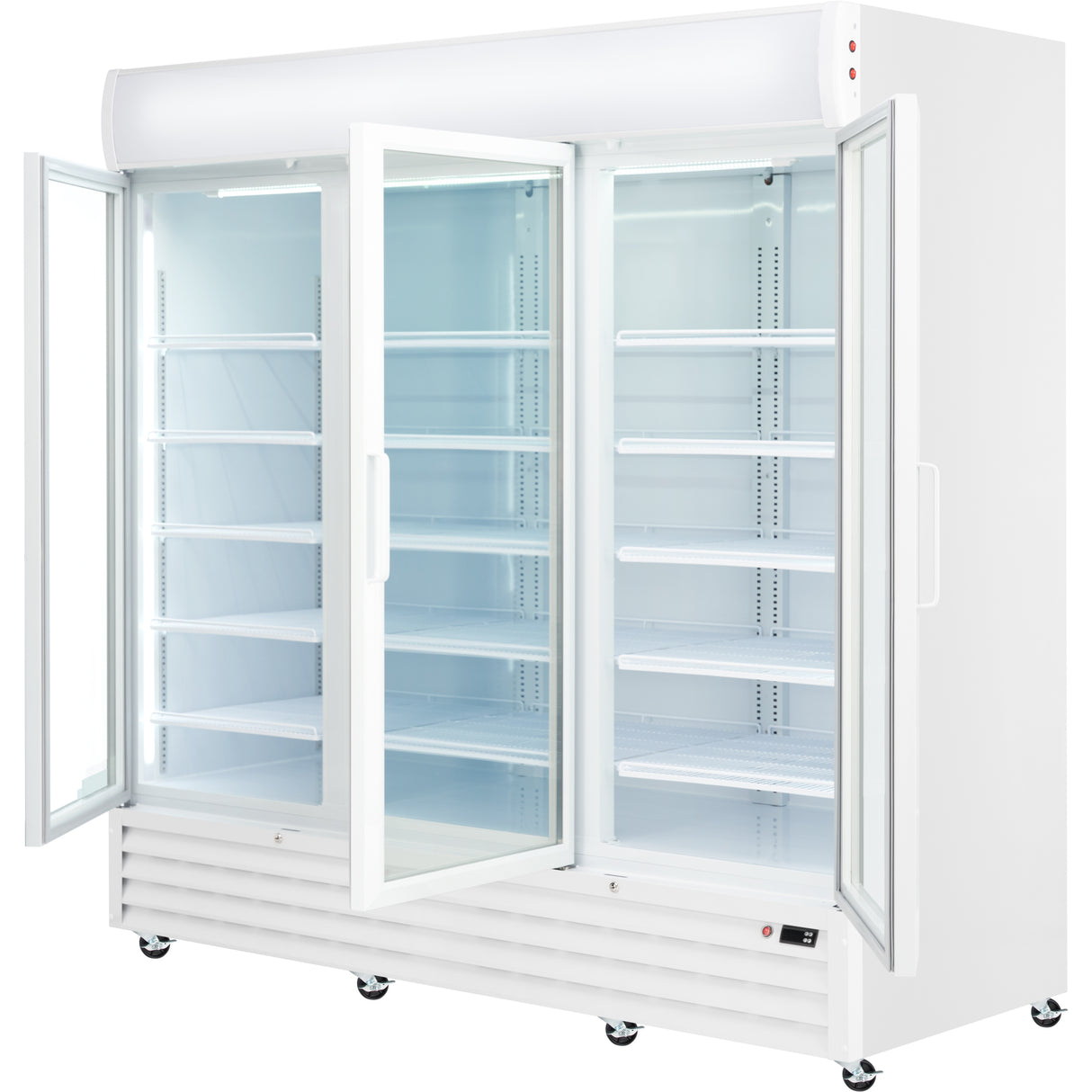 A large, white Glass Swing Door Cooler with three tall glass doors stands open, revealing multiple empty shelves inside. This commercial refrigerator is on small wheels, with vents and a control panel at the bottom and a brightly lit interior.