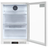 The Empura LG-138HA-W countertop refrigerator merchandiser features an open glass door, two metal shelves, bright white LED interior lighting, textured walls, a top fan, and an easy-to-access control panel at the bottom front.