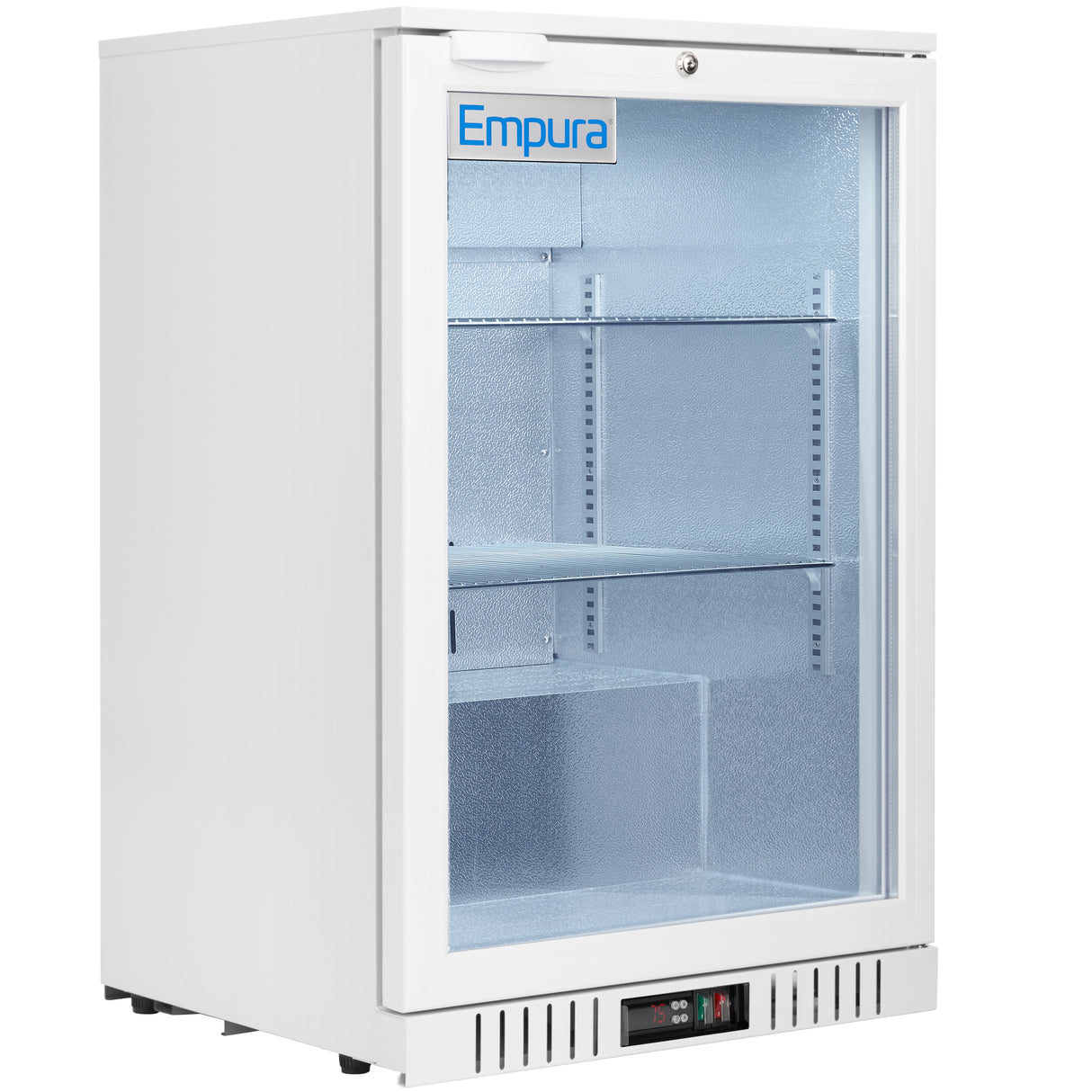 A white Empura LG-138HA-W upright mini refrigerator merchandiser with a glass front door, two interior shelves, and a digital control panel at the bottom. The clean interior features textured side panels and a top-door key lock.