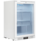 A white Empura LG-138HA-W upright mini refrigerator merchandiser with a glass front door, two interior shelves, and a digital control panel at the bottom. The clean interior features textured side panels and a top-door key lock.