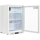 The Empura LG-138HA-W refrigerator merchandiser features a glass door, two adjustable wire shelves, and a textured interior. Its digital control panel and vent are at the bottom front, while LED lights brighten the clean countertop refrigerator.