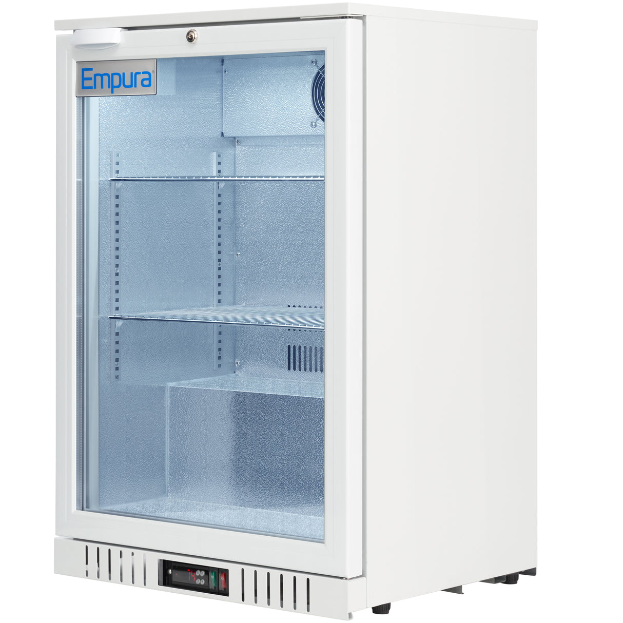 A white, upright Empura LG-138HA-W refrigerator merchandiser with a glass door, two adjustable shelves, and logo at the top left. The illuminated interior is empty, with a digital control panel and vent at the bottom front.