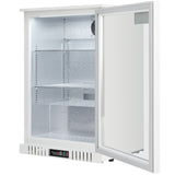 The Empura LG-138HA-W countertop refrigerator features a white, glass-door design with two adjustable metal shelves. Its silver, textured interior includes a ventilation fan and a digital control panel on the lower front, perfect as a refrigerator merchandiser.