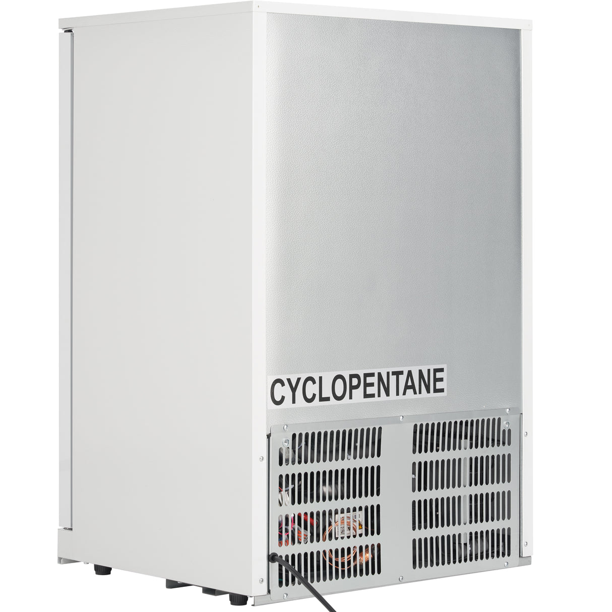 A metal appliance resembling an Empura LG-138HA-W refrigerator merchandiser, with a vented lower panel and large CYCLOPENTANE label. The back is silver, sides white, power cord below, and it stands on small legs against a white background.