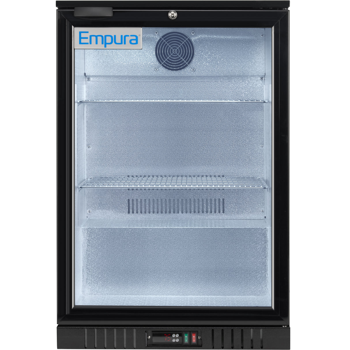 A countertop refrigerator with a black frame and glass door, the Empura LG-138HA-B features two shelves, a digital temperature display, and a well-lit empty interior. The Empura logo appears in the top left corner of this sleek glass door merchandiser.