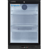 A countertop refrigerator with a black frame and glass door, the Empura LG-138HA-B features two shelves, a digital temperature display, and a well-lit empty interior. The Empura logo appears in the top left corner of this sleek glass door merchandiser.