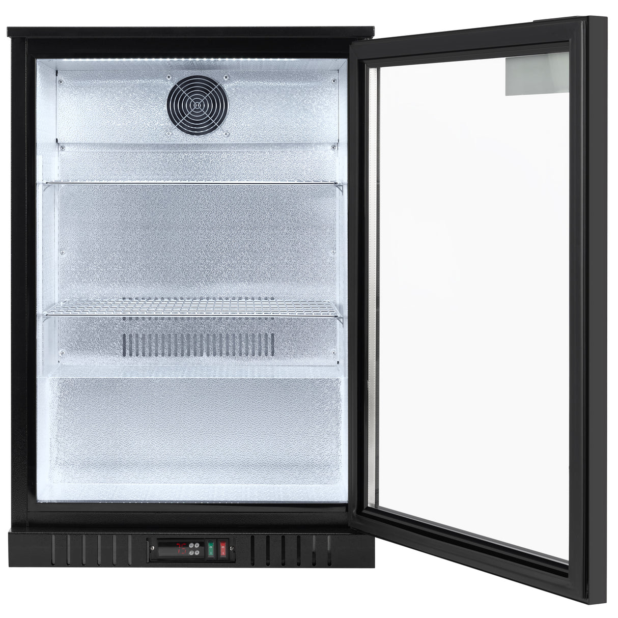 A black, upright, single-door countertop refrigerator with the door open to the right, revealing empty glass shelves inside, interior lighting, a fan at the back, and a digital control panel. The Empura LG-138HA-B appears clean and lightly frosted.