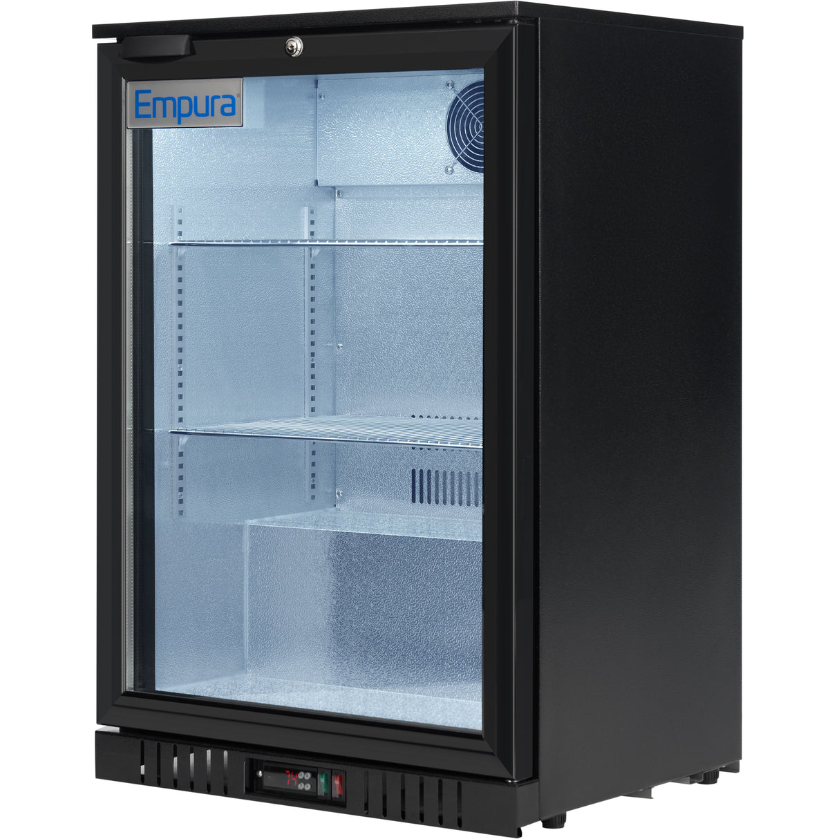 A black Empura LG-138HA-B countertop refrigerator with a glass door features three metal shelves, interior lighting, a control panel and vent at the bottom, plus a small lock above the door. The inside appears cold and empty.