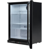 The Empura LG-138HA-B is a sleek black countertop refrigerator with a glass front door that opens to reveal three clear shelves, a top light, and a digital control panel at the base. This empty glass door merchandiser is perfect for display and easy access.