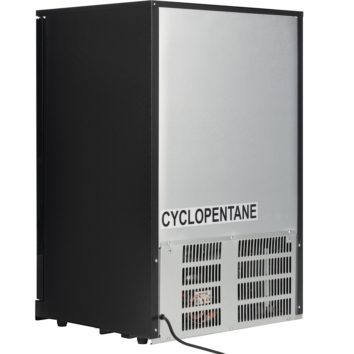 A black and silver rectangular appliance with a vented panel at the bottom and the word CYCLOPENTANE on its metal surface, this Empura LG-138HA-B resembles a countertop refrigerator. A power cord extends from the back, and it stands on four short legs.
