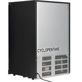 A black and silver rectangular appliance with a vented panel at the bottom and the word CYCLOPENTANE on its metal surface, this Empura LG-138HA-B resembles a countertop refrigerator. A power cord extends from the back, and it stands on four short legs.