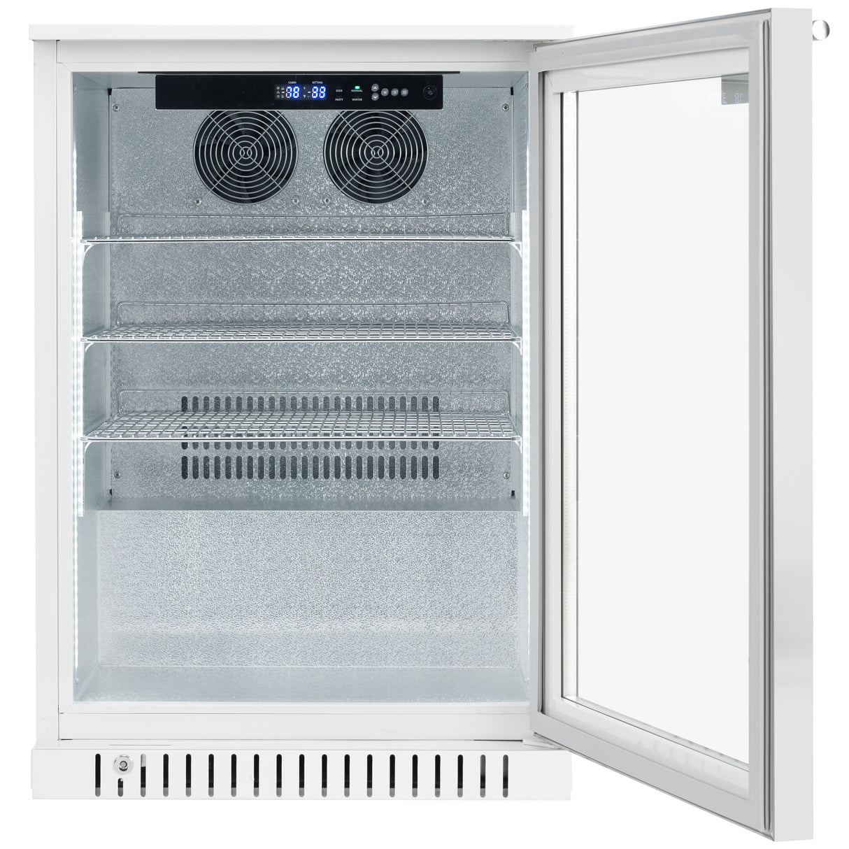 A glass door merchandiser with a right-opening door features three metal shelves, bright interior lighting, two cooling fans at the top, a digital temperature display, and a vent at the bottom. The spacious interior is empty.