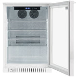 A glass door merchandiser with a right-opening door features three metal shelves, bright interior lighting, two cooling fans at the top, a digital temperature display, and a vent at the bottom. The spacious interior is empty.