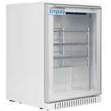 A white, single-door glass door merchandiser with three adjustable wire shelves, a vent at the bottom, and an “Empura” logo at the top left. The well-lit interior is empty, highlighting its clean and modern design.