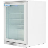 A white glass door merchandiser labeled “Empura” at the top left corner. This commercial refrigerator, ideal as an outdoor refrigerator, is empty inside with two adjustable wire shelves and a vent at the bottom front for cooling.