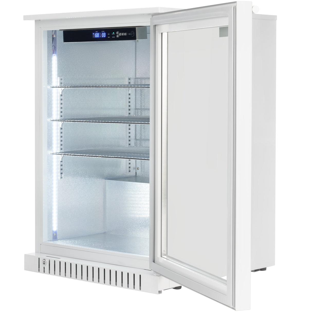 A white, single-door outdoor refrigerator with a clear glass front, door open to the right. The illuminated interior features two adjustable wire shelves and a digital control panel at the top inside. The empty fridge has a vent at the bottom front.