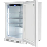 A white, single-door outdoor refrigerator with a clear glass front, door open to the right. The illuminated interior features two adjustable wire shelves and a digital control panel at the top inside. The empty fridge has a vent at the bottom front.