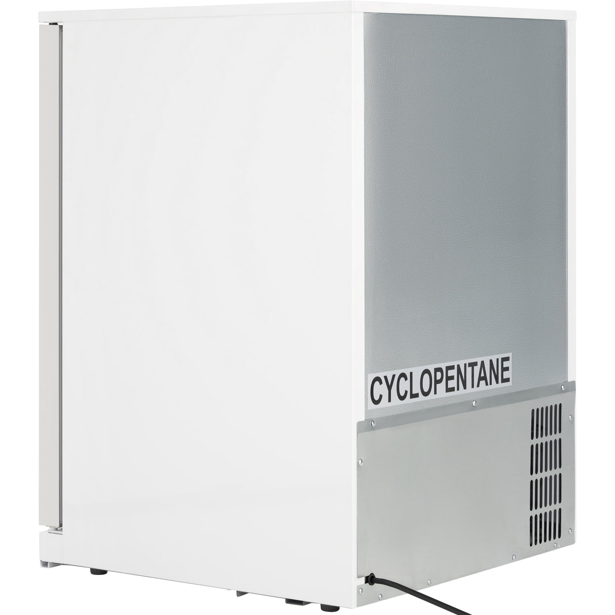 A white rectangular undercounter refrigerator with a metallic side panel and ventilation grilles at the bottom. A label reading CYCLOPENTANE is visible on the lower side. A power cord extends from the bottom against a plain white background.