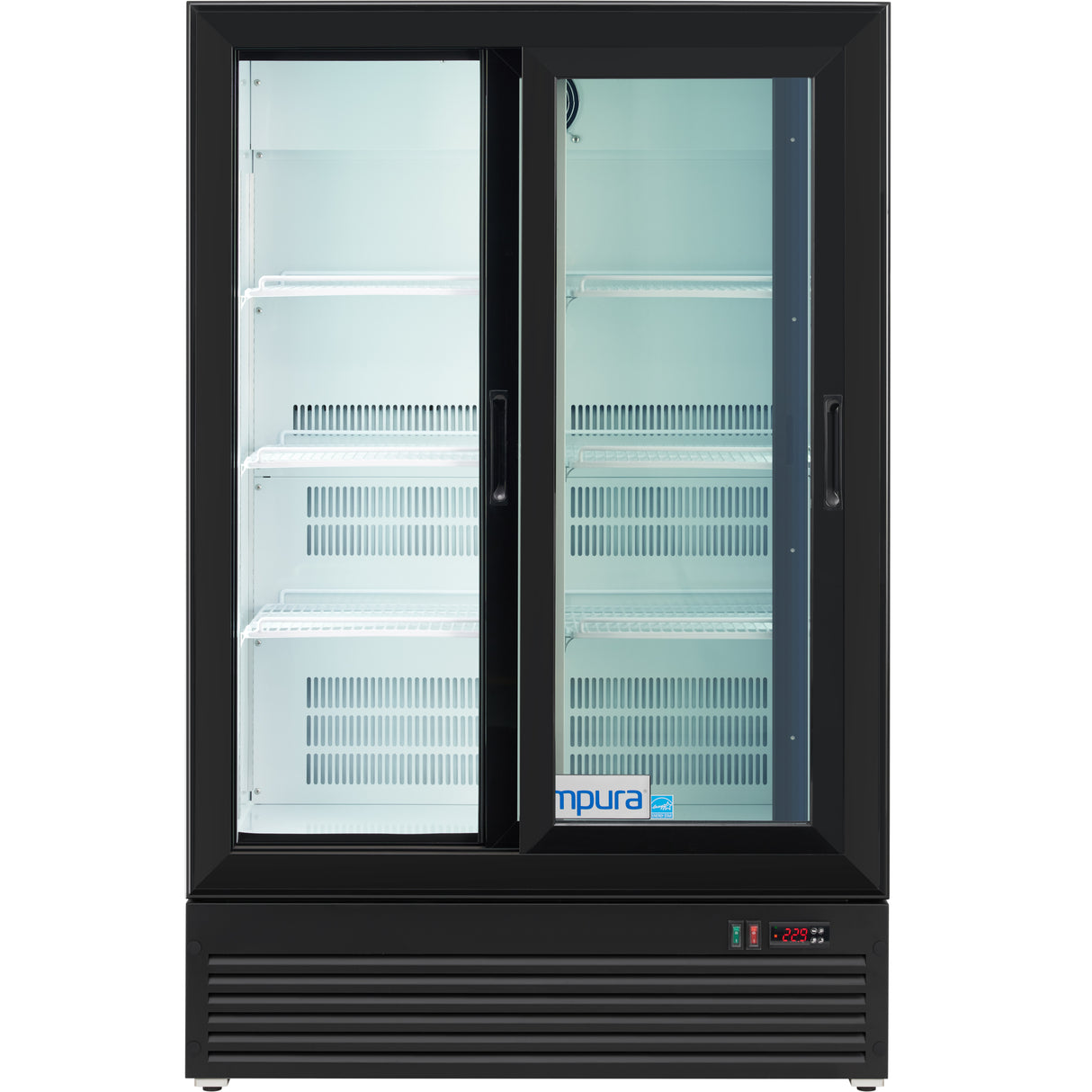 A commercial refrigerator merchandiser with a black frame, double sliding glass doors, white interior, and multiple empty wire shelves. The brightly lit interior and digital temperature display make this unit ideal for commercial refrigeration needs.