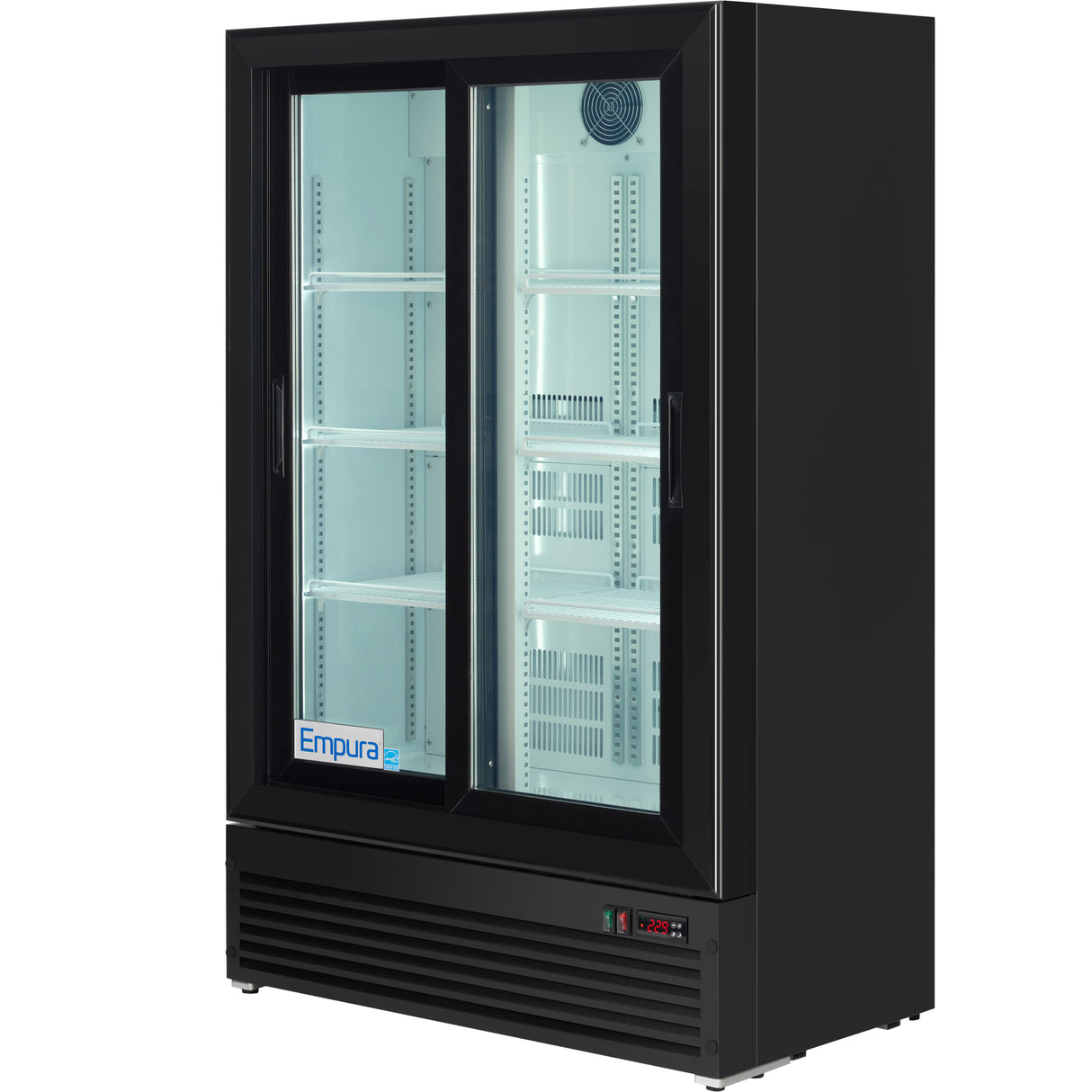 A commercial black Refrigerator Merchandiser with double sliding glass doors, empty white shelves, and a digital temperature display at the bottom right. The Empura brand logo appears on the lower left interior shelf.