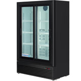 A commercial black Refrigerator Merchandiser with double sliding glass doors, empty white shelves, and a digital temperature display at the bottom right. The Empura brand logo appears on the lower left interior shelf.