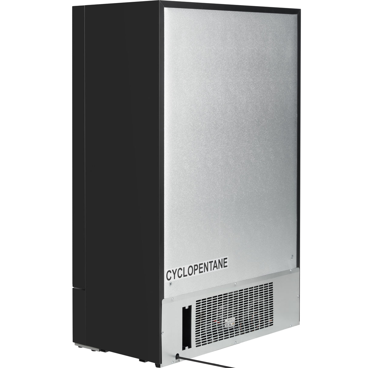 A commercial ice machine with a matte black body and a brushed silver front panel labeled CYCLOPENTANE, designed to complement any Commercial Refrigeration setup. The lower front features a metal vented grill, and a power cord extends from the base.