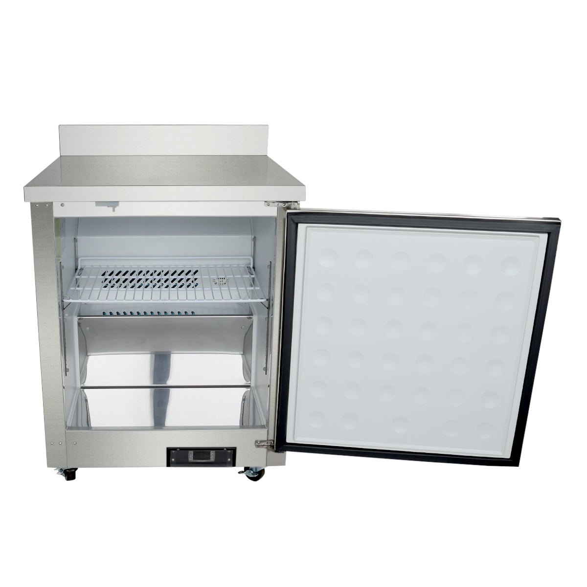 An Empura Refrigeration undercounter reach-in refrigerator with an open door reveals a white interior, one wire shelf, and a lower metal compartment. The smooth white door features circular indents, and the unit sits on small wheels.