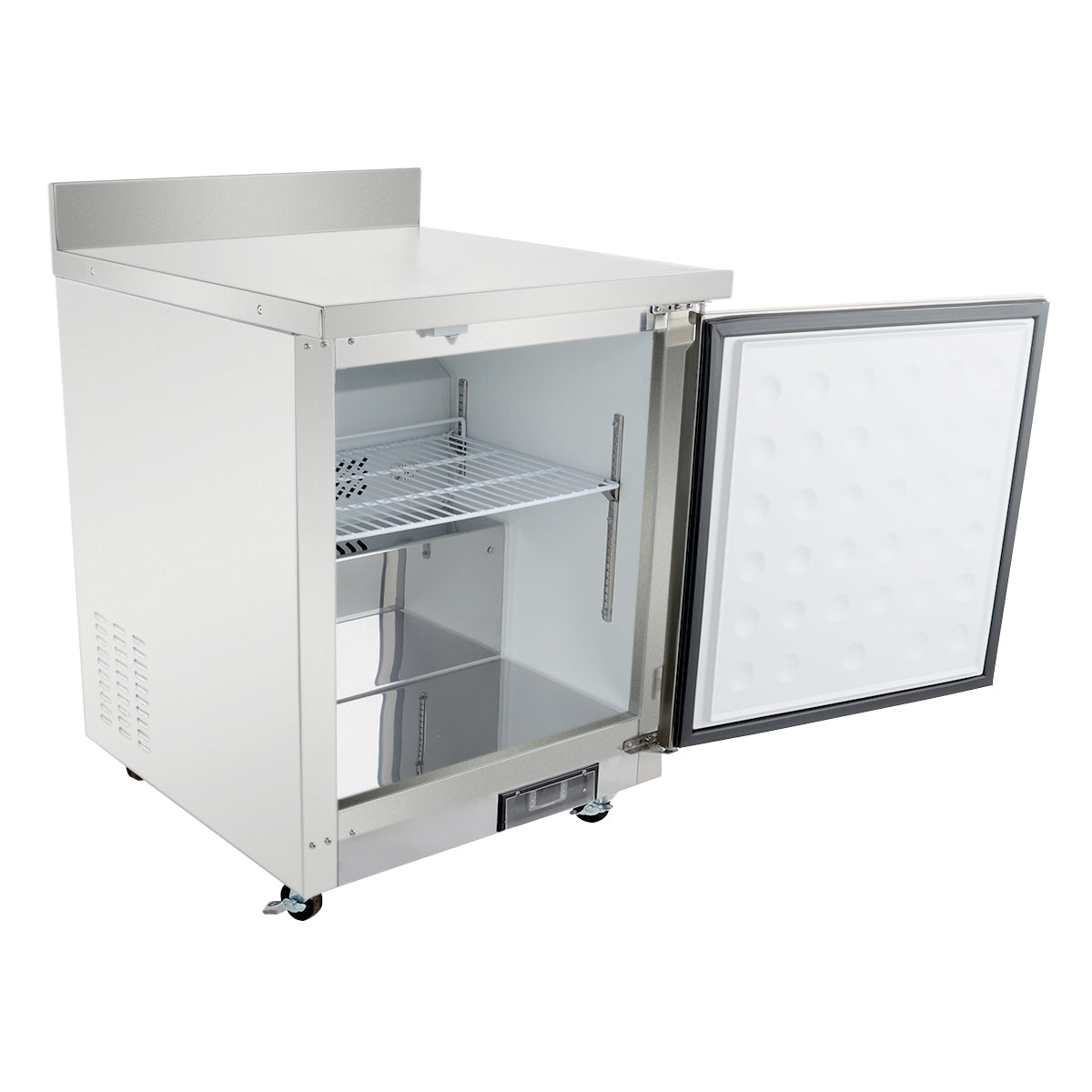 An Empura Refrigeration stainless steel commercial freezer with an open door reveals a spacious interior and a single wire shelf. The undercounter reach-in refrigerator features a dimpled white insulation panel, casters, and a bottom control panel.