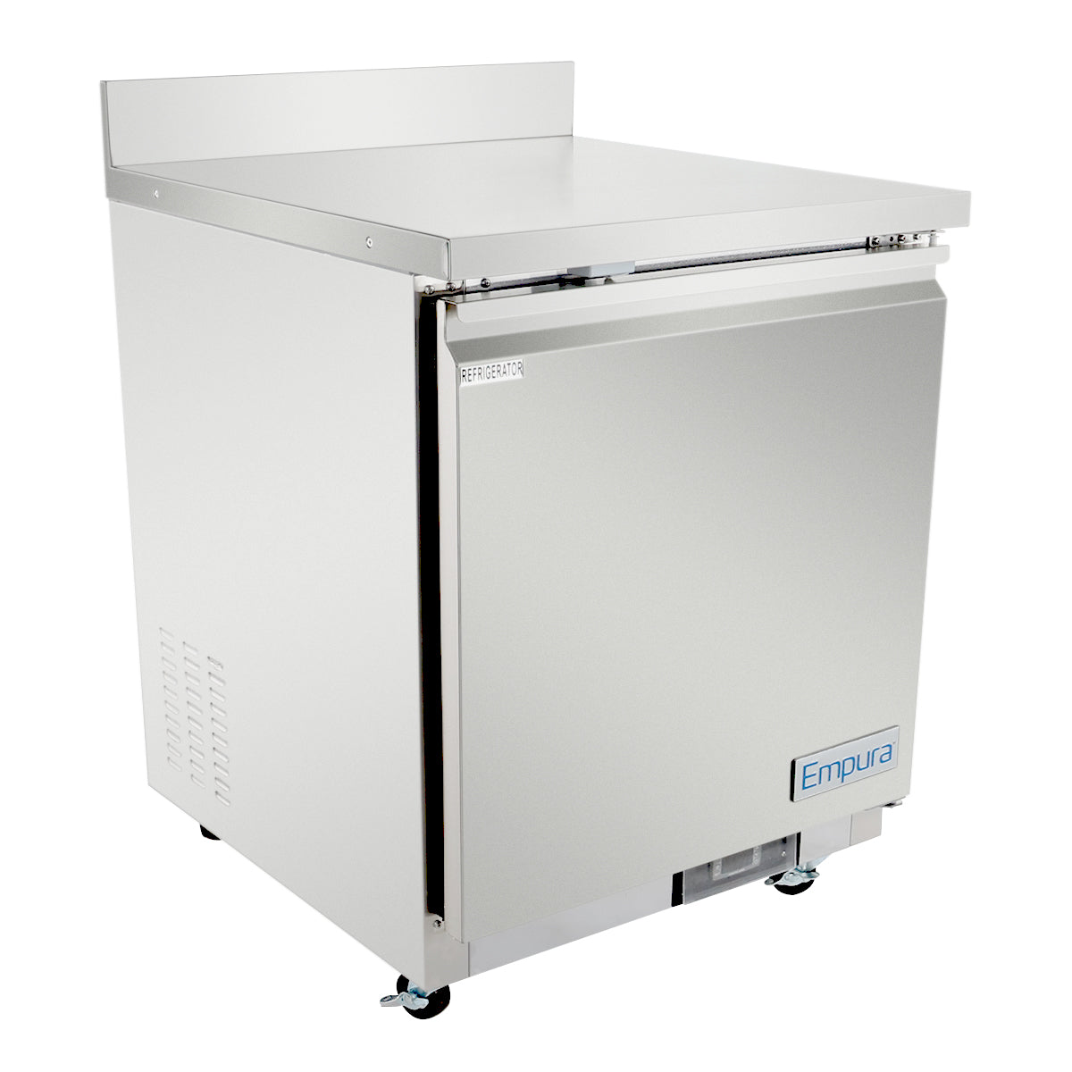 The Empura Refrigeration Undercounter Reach-In Refrigerator features a single door, compact size, flat work top surface, and casters for mobility. Its modern, industrial design makes it ideal for commercial kitchens seeking style and efficiency.