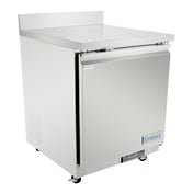 The Empura Refrigeration Undercounter Reach-In Refrigerator features a single door, compact size, flat work top surface, and casters for mobility. Its modern, industrial design makes it ideal for commercial kitchens seeking style and efficiency.